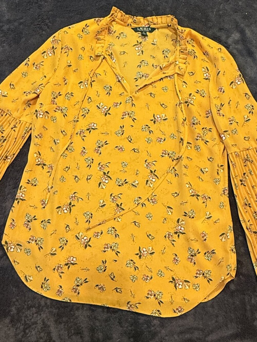 Lauren Ralph Lauren Floral Pleated Bell Sleeve Blouse Yellow Ruffle Neck